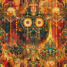 an art work with many different colors and patterns on the image, including two large eyes