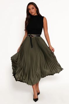 Polina Pleated Maxi Skirt - Olive - Petal & Pup USA Satin Pleated Skirt, White Dress Shoes, Bachelorette Party Outfit, Feminine Elegance, Pleated Long Skirt, Pleated Maxi Skirt, Crop Top Sweatshirt, Floral Dresses Long, High Waist Fashion