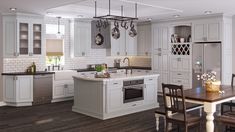 a large kitchen with white cabinets and wood flooring is pictured in this artist's rendering