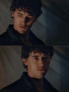 two different shots of a man with dark hair and black shirt looking at the camera