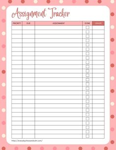 a printable assignment tracker with pink polka dots