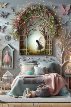 a bedroom decorated in pastel colors with fairy artwork on the wall and bedding