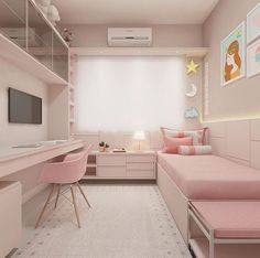 an instagram page with a pink bedroom and desk in the corner, on top of a white carpeted floor