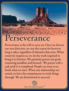 a sign that says perseverance in front of a desert landscape with a rock formation