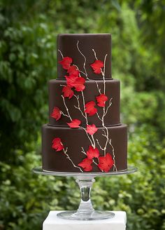 a three tiered chocolate cake with red flowers on it