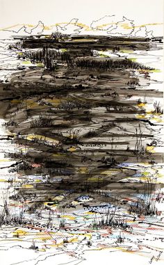 an abstract painting with black and yellow lines on the bottom, in front of a white background