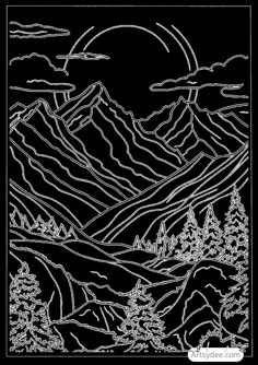 a mountain scene with trees and mountains in the background, coloring book page for adults