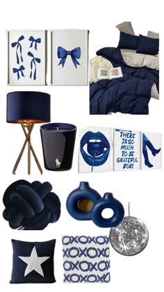 blue and white bedroom decor is shown in this image, including bedding, pillows, lamps