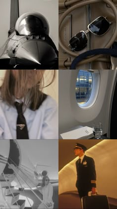 the collage shows several different things in black and white, including an airplane pilot's helmet