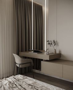 a desk with a laptop on it in front of a curtained window and a chair