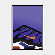 a poster with the nike logo on it in purple and orange colors, against a dark blue background