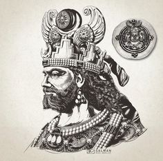 a black and white drawing of a man with a beard wearing a crown next to a medallion