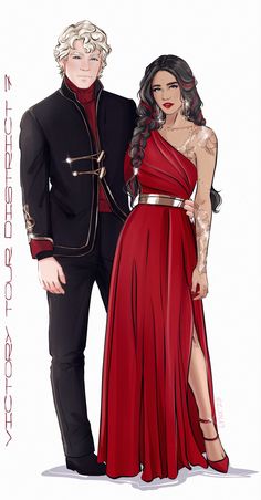 a drawing of two people dressed in formal wear, one wearing a red dress and the other wears a black suit