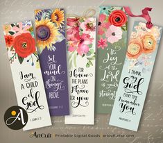 four bookmarks with flowers and bible verses on them