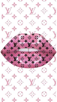 a pink and black lipstick with louis vuitton pattern on the back ground, in front of a white background