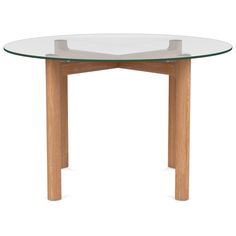 a glass table with wooden legs on a white background and no one is in the photo