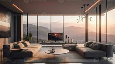 a living room with couches and a table in front of a large window overlooking the mountains