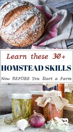 the cover of learn these 30 + homestead skills now before you start a farm