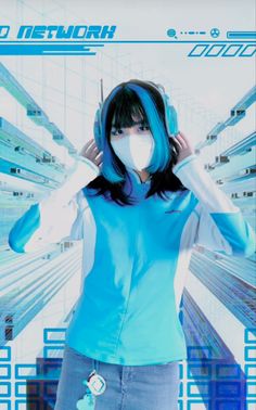 a woman with blue hair and headphones on her face is wearing a mask in front of an abstract background