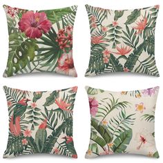 four pillows with tropical leaves and flowers on them, all in different colors from pink to green