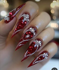 Red Nails With Gold Rhinestones, Christmas Press On Nail Designs, Red Bling Christmas Nails, Red Acrylic Christmas Nails, Christmas Red Nails Acrylic, Red Christmas Nail Ideas, Red Nail Designs Christmas, Red Blinged Out Nails, Long Christmas Acrylic Nails