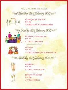 Indian Wedding Itinerary Template, Itenary Design, Wedding Itenary Template, Indian Wedding Dress Code Invitation, Wedding Pandal, Indian Wedding Itinerary, Fallen Movie, Destination Wedding Itinerary, Haldi Photoshoot