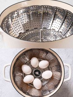 an overhead view of a colander with eggs in the bottom and on the inside