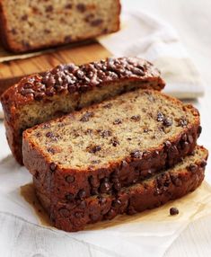 two slices of banana bread sitting on top of a cutting board next to each other