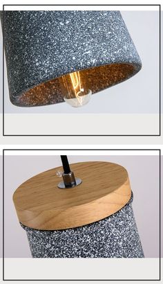 two images show different angles of the same light fixture, one with a wooden base