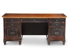 an old wooden desk with two drawers and a file cabinet on one side, against a white background