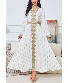 Get 10% off now! Buy white with gold vneck embroidered kaftans abaya dress for women at cheap price online. Free stable shipping and pro custom service since 2009. Gold And White Dress, Abaya For Women, Casual Abaya, Muslim Evening Dresses, Traditional Festival, White Elegance, Dress Muslim, Eid Dresses, Muslim Dress