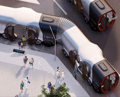 an artist's rendering of two futuristic cars on the street with people walking around