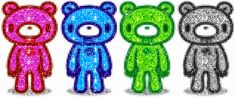 three different colored teddy bears standing next to each other in front of a white background