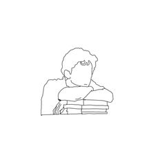 a black and white drawing of a man with his arms folded over books on top of each other