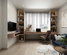 a living room filled with furniture and a flat screen tv on top of a wooden table