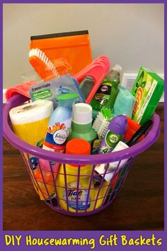 a purple basket filled with cleaning products on top of a wooden floor