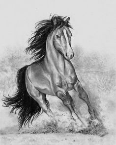 a black and white drawing of a horse running in the sand with its hair blowing