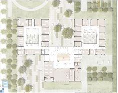 an aerial view of the ground plan for a building with multiple floors and trees on each side