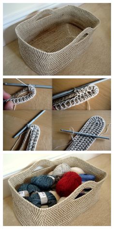 the steps to make a basket with yarn and crochet hooks are shown in three different pictures