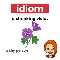 a woman is standing next to a flower with the word idiom above her head