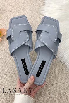 Lasaky - Stylish Cross-Strap Flat Sandal Slides for Relaxed Beach Attire Sandal Slides, Casual Beach Wear, Beach Attire, Dressing Style, Shoe Sole, Point Shoes, Word Wrap, Color Lines, Cross Straps