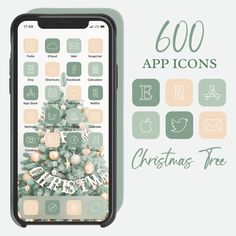 an iphone with christmas tree icons on the screen and text that reads 600 app icons