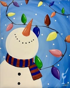 a painting of a snowman with christmas lights on it