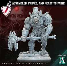 an image of a painted warhammer with the words assemble, primed, and ready to paint