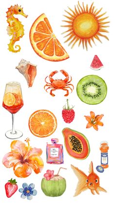 watercolor painting of various fruits and vegetables on a white background with oranges, lemons, grapefruit