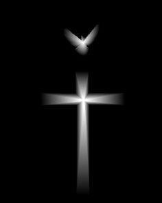 a white cross with a bird flying over it in the dark night sky, on a black background