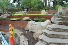 there are many rocks and plants in the garden with stairs leading up to each other