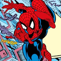 the spider - man is flying through the air with his hands on his hips and head