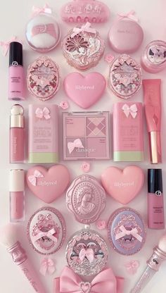 Pretty Pink Makeup Products, Pink Makeup Packaging, Pink Products Aesthetic, Pink Coquette Makeup, Makeup To Get, Makeup Wishlist Ideas, Pink Items Aesthetic, Pink Makeup Products Aesthetic, Y2k Makeup Products