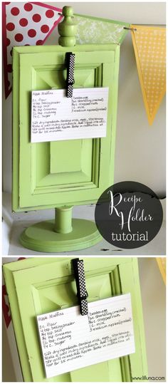 a green box with some notes attached to it and the words recipe holder on top